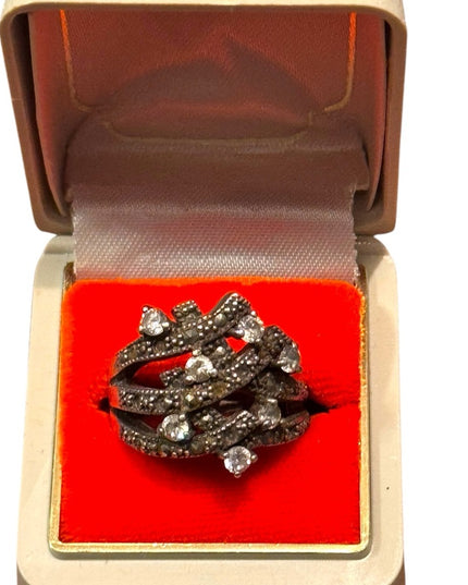 Vintage Sterling Silver 925 Women's Brutalist Cluster Ring Crystal Accents