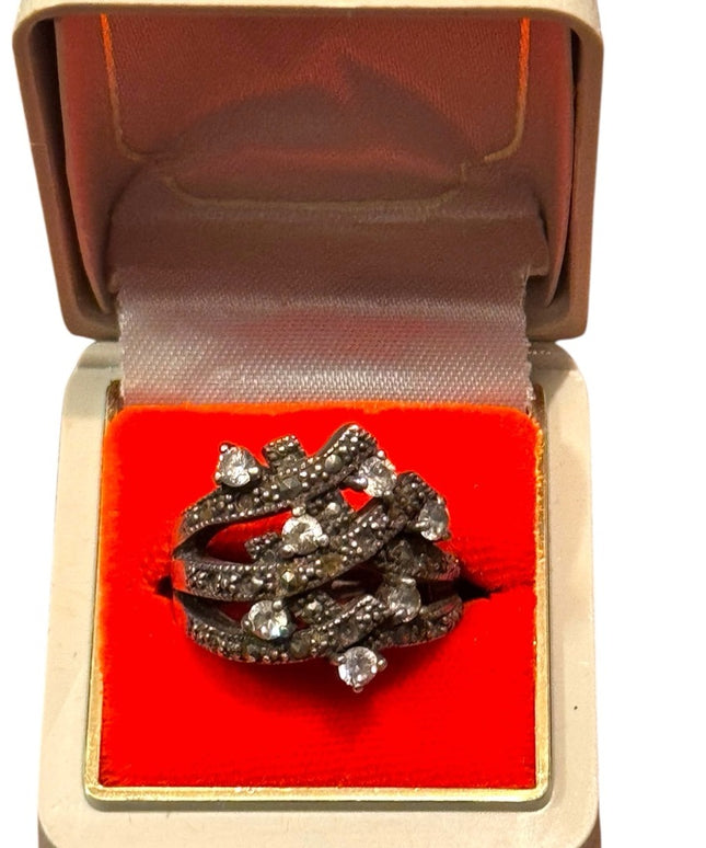 Vintage Sterling Silver 925 Women's Brutalist Cluster Ring Crystal Accents