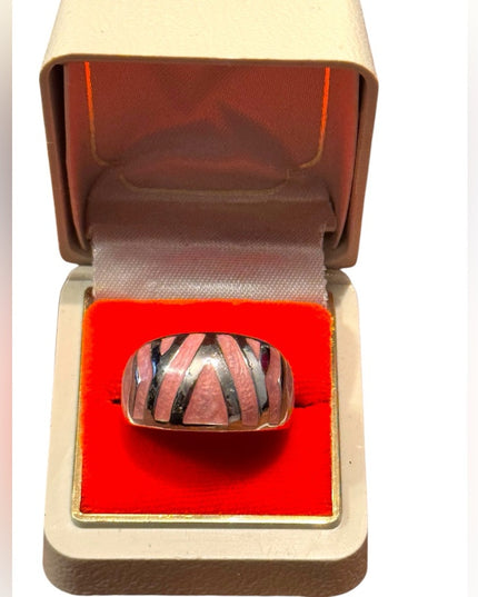 Vintage Enameled Pink Sterling Silver 925 Cigar Band Women's Ring