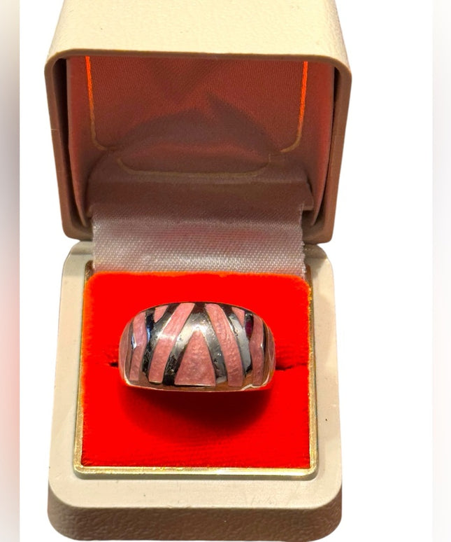 Vintage Enameled Pink Sterling Silver 925 Cigar Band Women's Ring