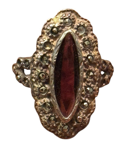 Antique Euro Sterling Silver 925 Garnet Marquise Marcasite Black Onyx Ring
