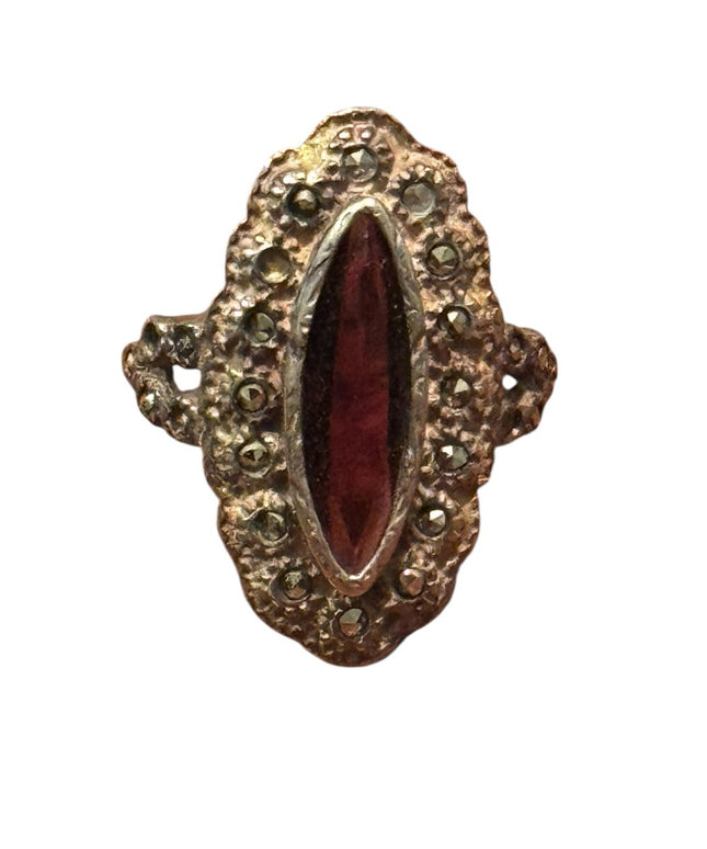 Antique Euro Sterling Silver 925 Garnet Marquise Marcasite Black Onyx Ring