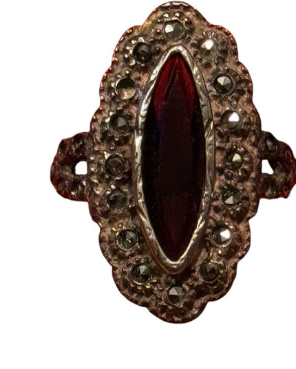 Antique Euro Sterling Silver 925 Garnet Marquise Marcasite Black Onyx Ring