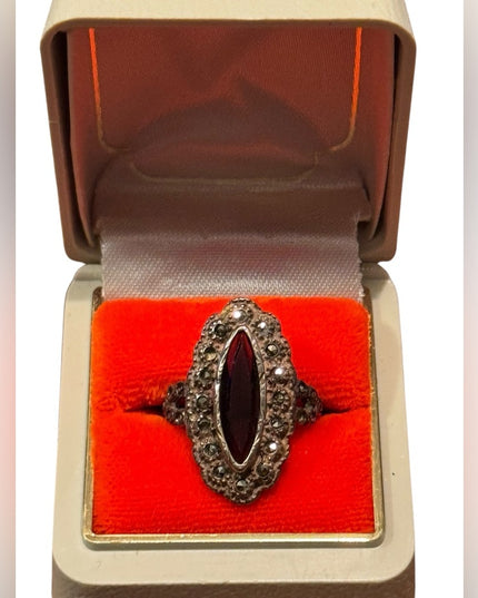 Antique Euro Sterling Silver 925 Garnet Marquise Marcasite Black Onyx Ring