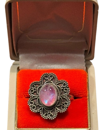 Vintage Handmade Scrollwork Sterling 925 Silver Moonstone Floral Ring