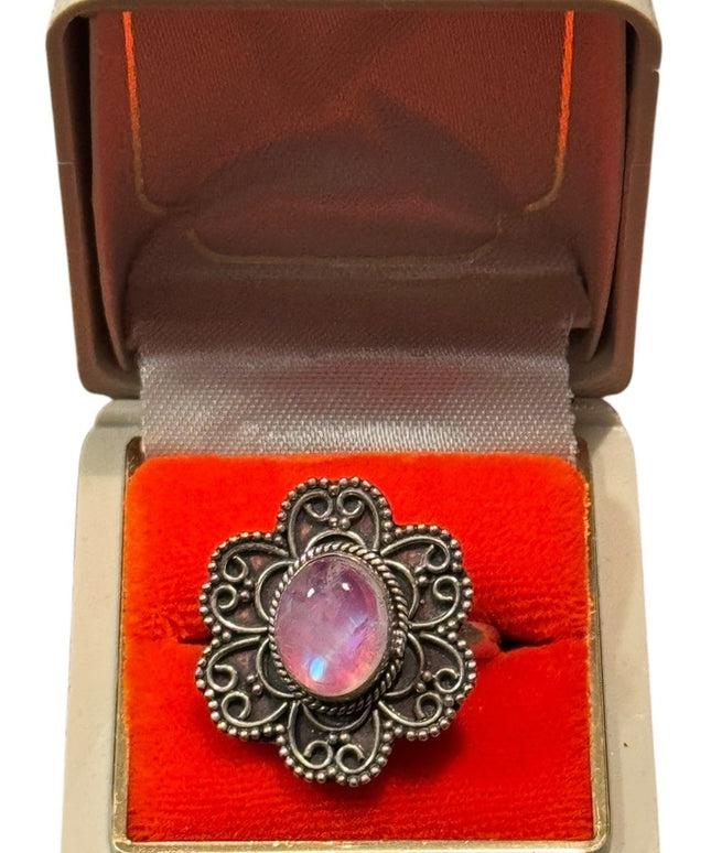 Vintage Handmade Scrollwork Sterling 925 Silver Moonstone Floral Ring