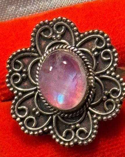 Vintage Handmade Scrollwork Sterling 925 Silver Moonstone Floral Ring