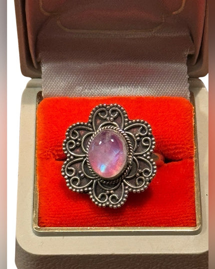 Vintage Handmade Scrollwork Sterling 925 Silver Moonstone Floral Ring