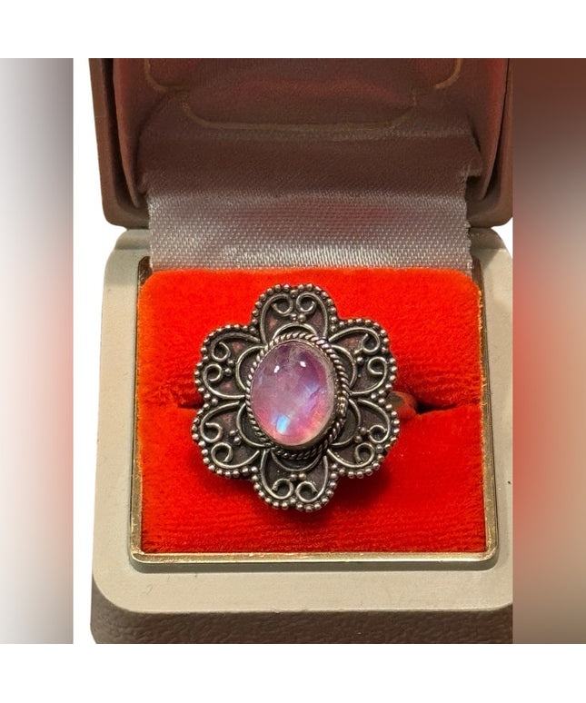 Vintage Handmade Scrollwork Sterling 925 Silver Moonstone Floral Ring