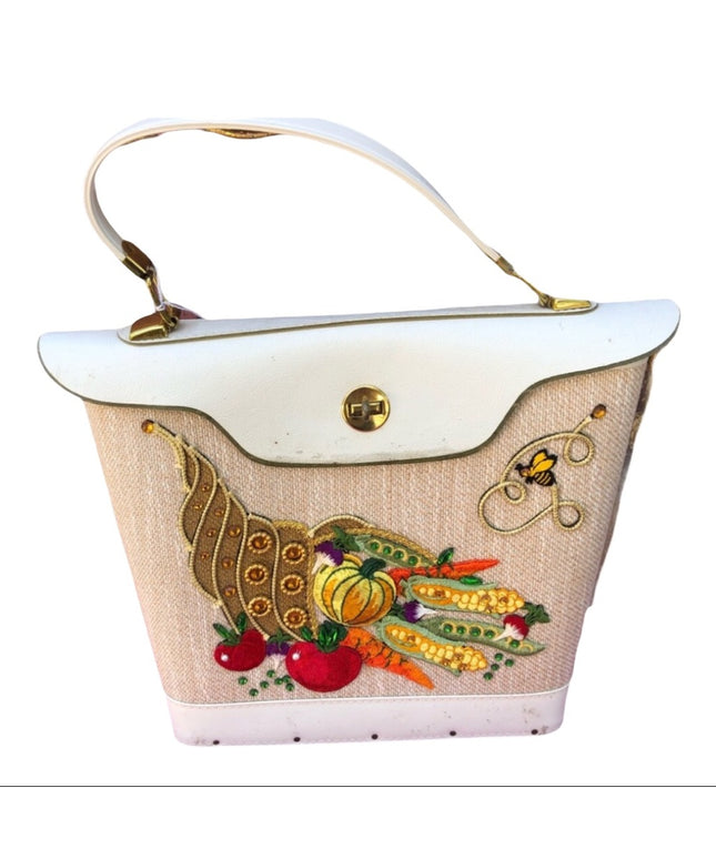 Large Vintage Hand made 1970s bucket purse wood fruits