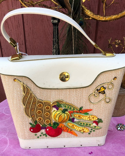 Large Vintage Hand made 1970s bucket purse wood fruits
