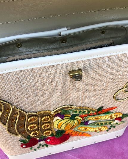 Large Vintage Hand made 1970s bucket purse wood fruits
