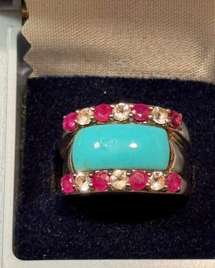 Turquoise Cabochon, Cubic Zirconia & Rubbelite 925 Sterling Silver Ring