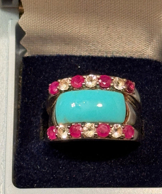 Turquoise Cabochon, Cubic Zirconia & Rubbelite 925 Sterling Silver Ring