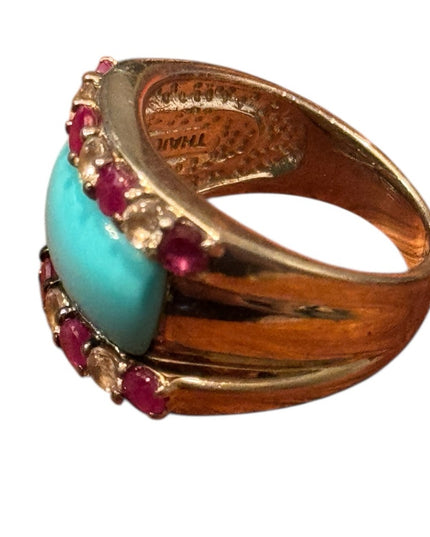 Turquoise Cabochon, Cubic Zirconia & Rubbelite 925 Sterling Silver Ring