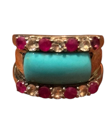 Turquoise Cabochon, Cubic Zirconia & Rubbelite 925 Sterling Silver Ring