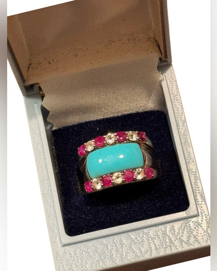 Turquoise Cabochon, Cubic Zirconia & Rubbelite 925 Sterling Silver Ring