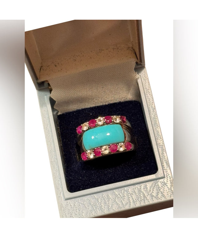 Turquoise Cabochon, Cubic Zirconia & Rubbelite 925 Sterling Silver Ring