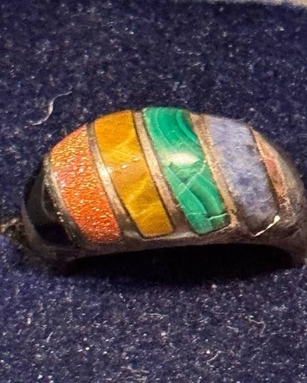 Vintage Lapis Malachite Multi Gemstone 
 Sterling Silver 925 Inlay Ring