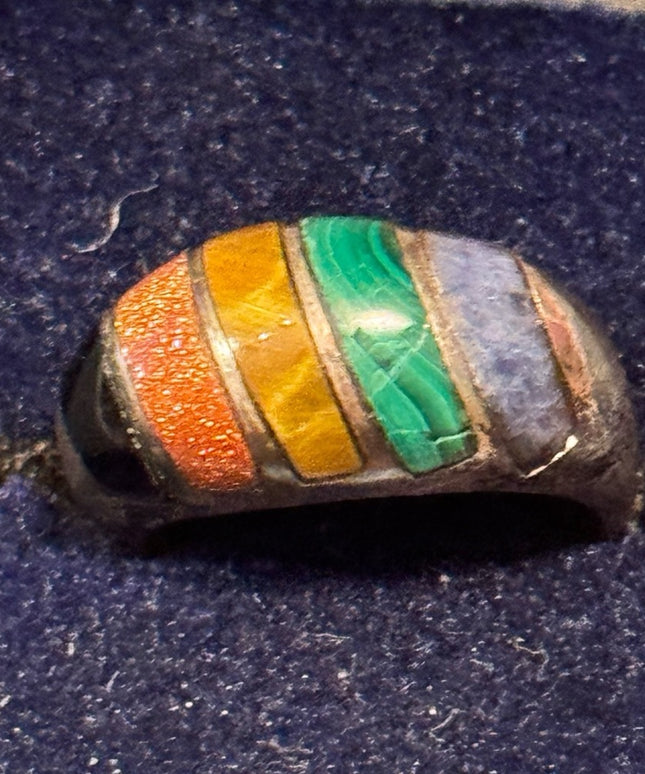Vintage Lapis Malachite Multi Gemstone 
 Sterling Silver 925 Inlay Ring