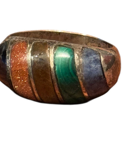 Vintage Lapis Malachite Multi Gemstone 
 Sterling Silver 925 Inlay Ring