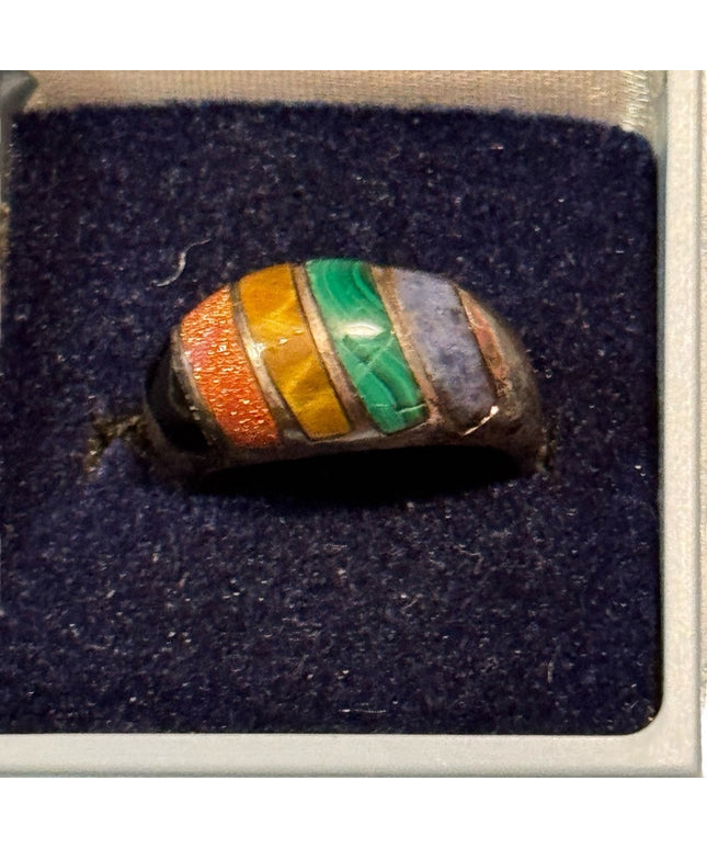 Vintage Lapis Malachite Multi Gemstone 
 Sterling Silver 925 Inlay Ring