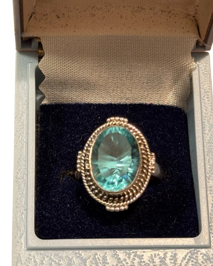 Elegant Sterling Silver 925 Ornate Handmade Blue Glass Ring