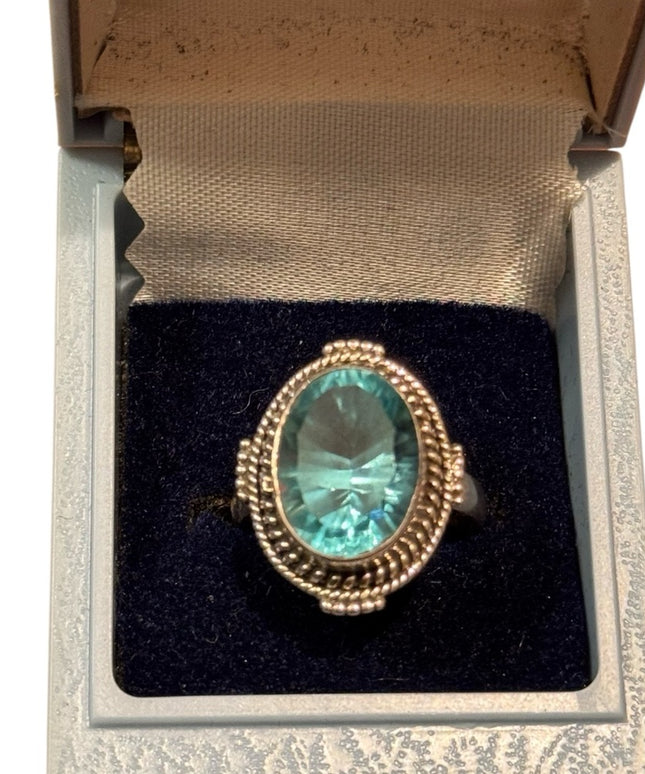 Elegant Sterling Silver 925 Ornate Handmade Blue Glass Ring