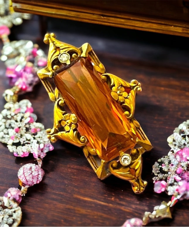 - Antique RARE Georgian 14k Gold miner Diamond & Citrine ornate brooch RARE pie…