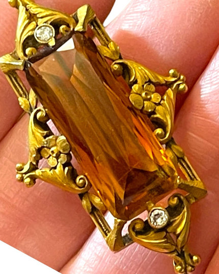 - Antique RARE Georgian 14k Gold miner Diamond & Citrine ornate brooch RARE pie…