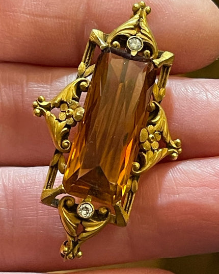 - Antique RARE Georgian 14k Gold miner Diamond & Citrine ornate brooch RARE pie…