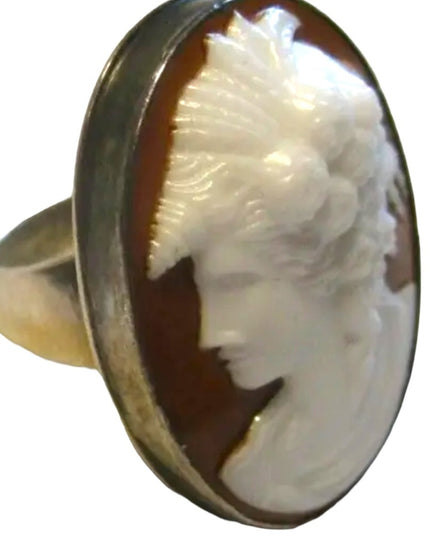 Vintage Sterling silver LARGE glass cameo trojan ring