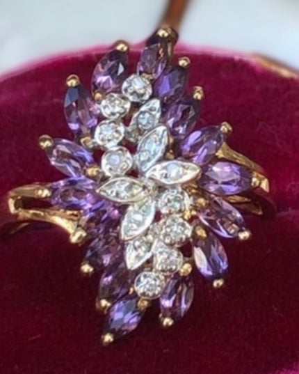 Stunning - 10k Amethyst & Diamond cluster ring dinner cocktail large w appraisal