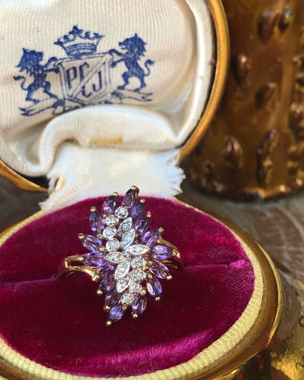 Stunning - 10k Amethyst & Diamond cluster ring dinner cocktail large w appraisal
