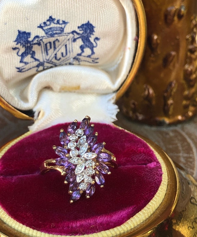 Stunning - 10k Amethyst & Diamond cluster ring dinner cocktail large w appraisal