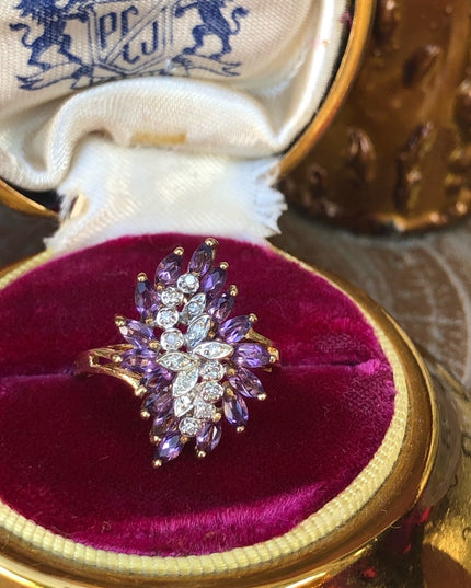 Stunning - 10k Amethyst & Diamond cluster ring dinner cocktail large w appraisal