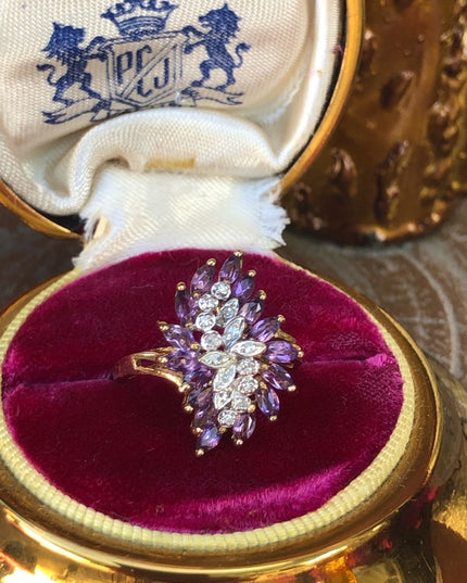 Stunning - 10k Amethyst & Diamond cluster ring dinner cocktail large w appraisal