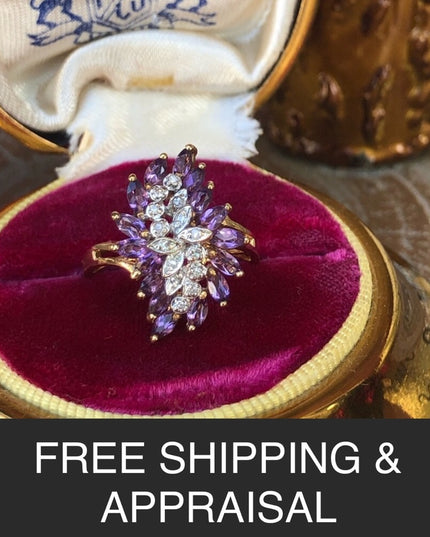 Stunning - 10k Amethyst & Diamond cluster ring dinner cocktail large w appraisal