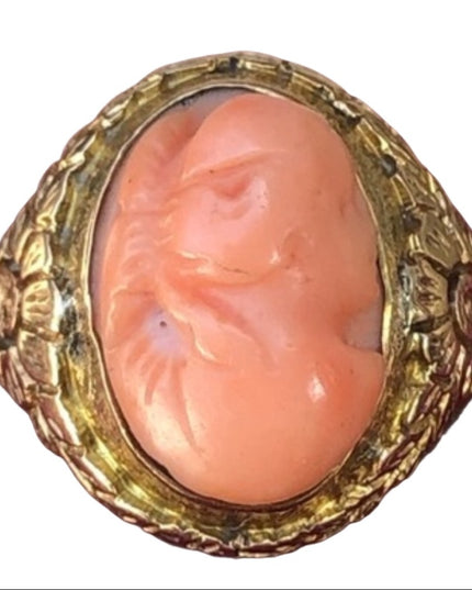 Antique Victorian 1800s 14k solid gold Coral cameo ring carved flowers etched