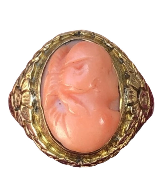 Antique Victorian 1800s 14k solid gold Coral cameo ring carved flowers etched
