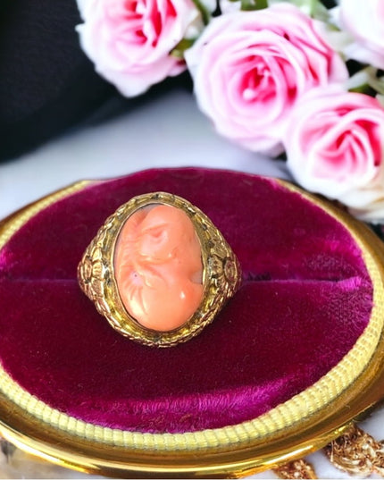 Antique Victorian 1800s 14k solid gold Coral cameo ring carved flowers etched