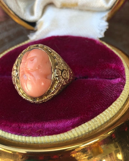 Antique Victorian 1800s 14k solid gold Coral cameo ring carved flowers etched