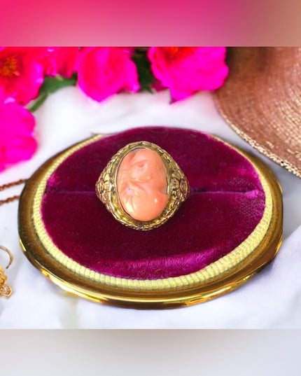 Antique Victorian 1800s 14k solid gold Coral cameo ring carved flowers etched