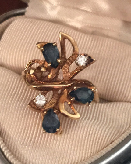 VTG 14k Gold Diamond & Sapphire Modernist ring