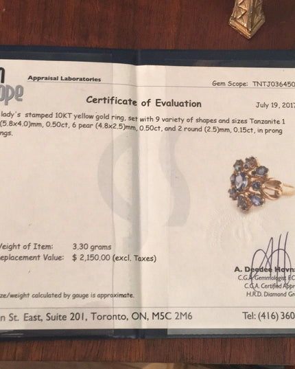 10k Gold Tanzanite cluster ring w/appraisal