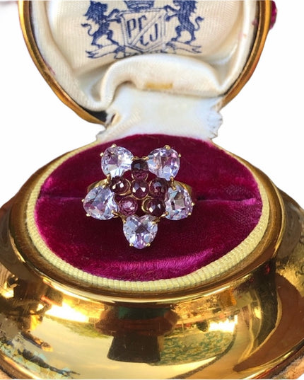 - 10k Amethyst & pink tourmaline flower ring cluster With appraisal