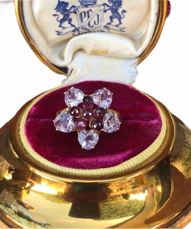- 10k Amethyst & pink tourmaline flower ring cluster With appraisal