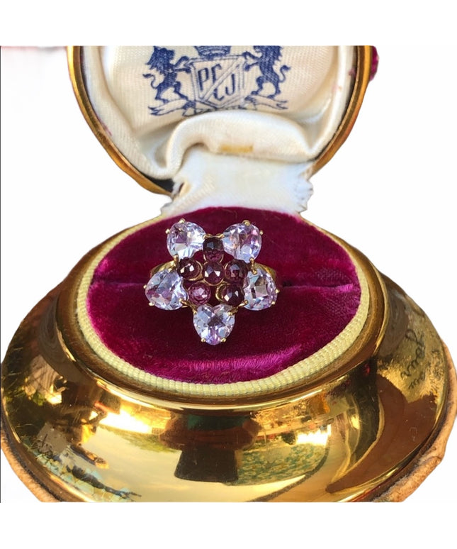 - 10k Amethyst & pink tourmaline flower ring cluster With appraisal