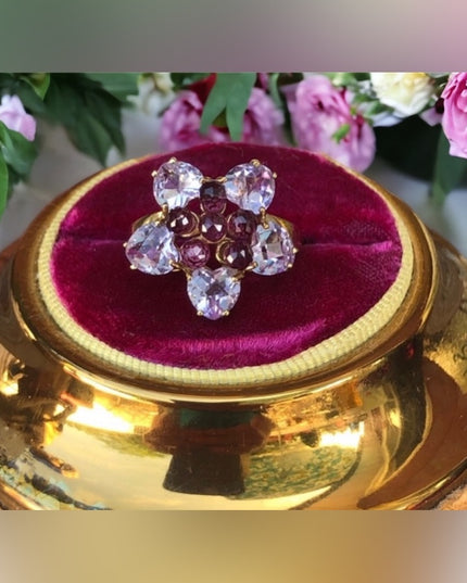 - 10k Amethyst & pink tourmaline flower ring cluster With appraisal