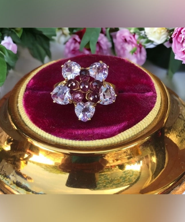 - 10k Amethyst & pink tourmaline flower ring cluster With appraisal